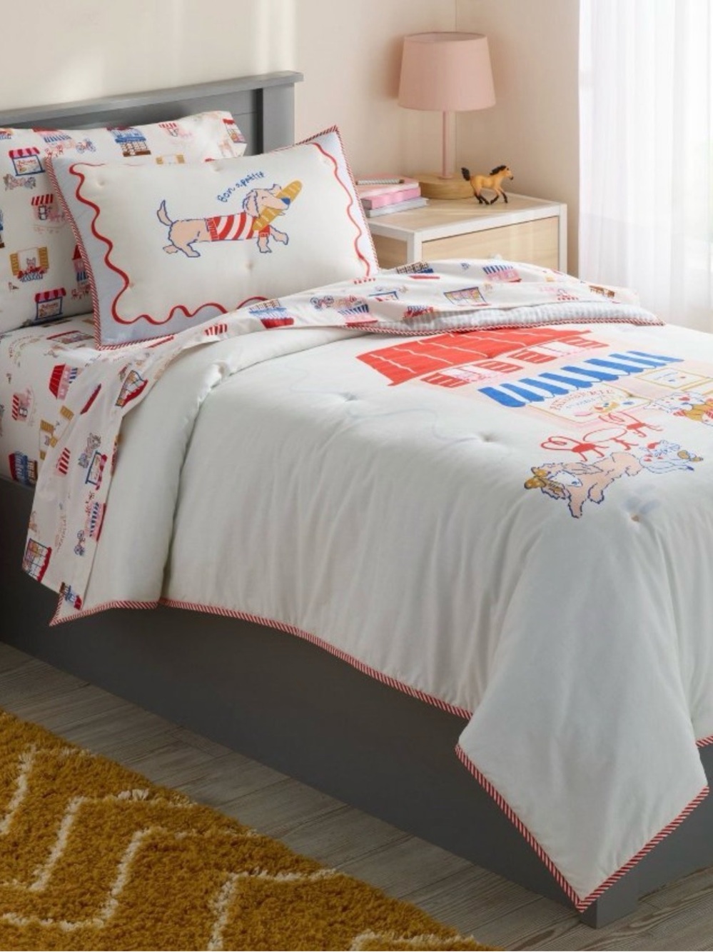 Pillowfort White Comforter with Red and Blue Dachshund Print